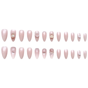 Short almond press-on nails with 3D resin bear, heart and pearl butterfly designs