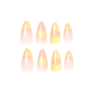 French almond fake nails with yellow tips and cute floral patterns on pink base