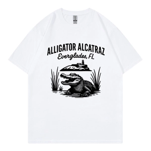 Alligator Alcatraz Print Cotton T-Shirt Men Round Neck Short Sleeve Vintage Casual Summer Top