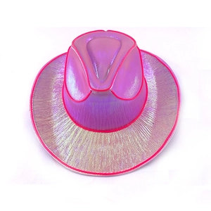 Detail of pink laser holographic cowboy hat with illuminated LED light-up edge