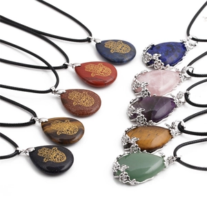 Assorted natural stone Hamsa necklaces with blue lapis lazuli and amethyst pendants