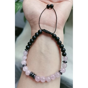 Pink quartz and black beads Morse code bracelet for mother and daughter with adjustable cord