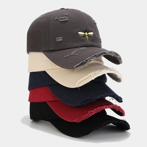 Distressed cotton baseball caps with bee embroidery in five vintage washed colors