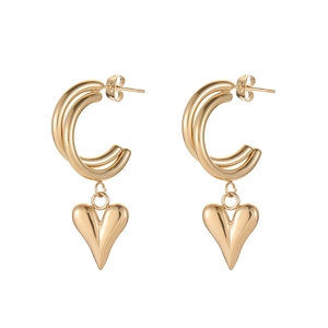 Orecchini a cerchio triplo C dorati vintage con ciondoli a cuore 3D per donne eleganti
