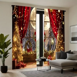 Festive Christmas 3D digital print blackout curtains featuring snowy forest and gift boxes
