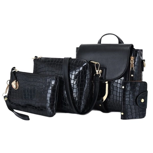 Black crocodile pattern 4-piece handbag set including backpack and shoulder bag