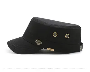 Detailed side view of black cotton cadet hat with metal vents and classic style sports badge