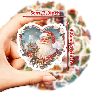 50pcs heart-shaped Christmas Santa stickers for DIY luggage and laptops, 5x4.8cm size