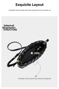 Top view of woven black leather shoulder bag showing zipper pocket and inner structure