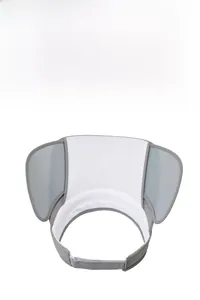 Detail of gray sun hat showing breathable white mesh fabric and adjustable strap