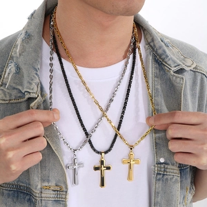 Three men's titanium steel hip-hop necklaces with cross pendants in silver, gold, and black