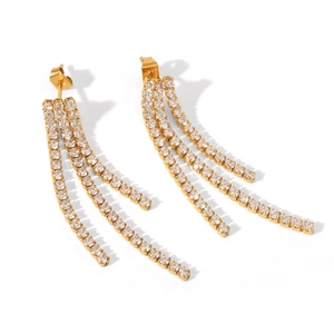 Elegant 18K gold-plated stainless steel triple tassel earrings with zircon stones