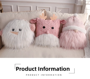 Detail of plush Christmas gnome, snowman, and reindeer cushions on a modern beige sofa