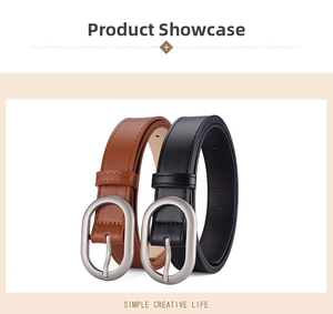 Detail showing black and brown leather belts with matte silver oval pin buckles