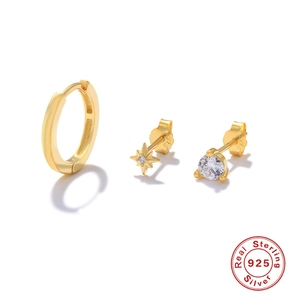 Three-piece gold 925 sterling silver earring set with star and cz stud details