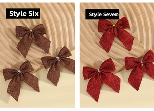Close-up of rustic burlap Christmas bows in brown and red plaid textures for decor