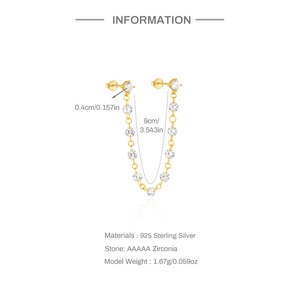 Detail view of gold S925 silver chain earring with AAAAA zircon and product measurements