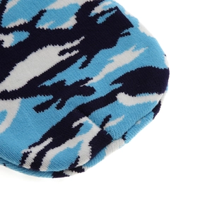 Kids winter acrylic knit beanie with blue camo jacquard pattern and dense texture