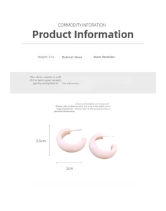 Detail view of pink C-shaped wood earrings with S925 silver needle and dimensions