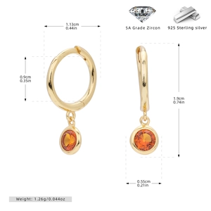 Detailed dimensions of 925 silver hoop earrings with 5A orange zircon pendants