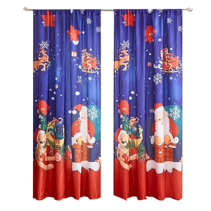 Christmas Santa Claus curtains on deep blue background, double panel set for home decor