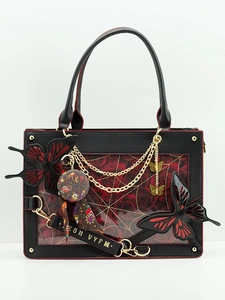 Gothic black tote bag with red rose window, golden spider webs and butterfly charms