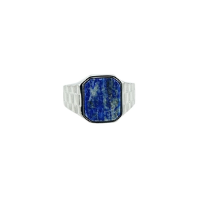 Vintage men's stainless steel signet ring with a rectangular blue lapis lazuli stone