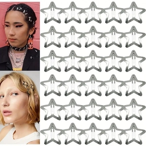 Detailed view of silver star-shaped metal hair clips and various styling options on hair
