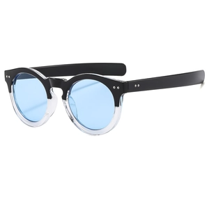 Retro round sunglasses with black and transparent frames and light blue lenses