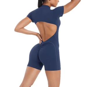 Slim fit open back short sleeve sports romper in navy blue with scrunch butt detail