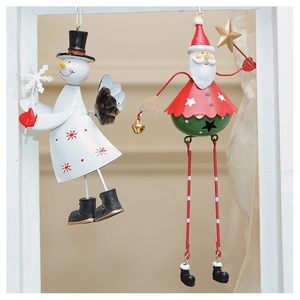 Detailed view of hand-painted iron Santa and snowman ornaments with hanging hooks
