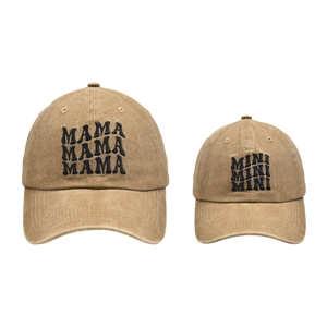Matching MAMA and MINI embroidered baseball caps in khaki washed denim for family