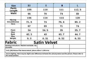 Tableau des tailles détaillé pour pantalon large en satin avec mesures en centimètres