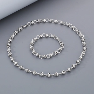 Vue détaillée d'un ensemble collier et bracelet en acier titane argenté sur fond gris