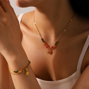French style 18K gold plated sun pendant necklace and beaded bracelet set for women