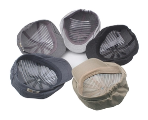 Detail of five corduroy beret hats in various colors with adjustable elastic straps