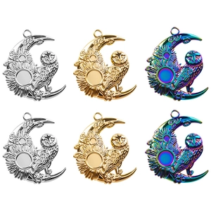 Vintage Owl Crescent Moon Pendant Necklace 304 Stainless Steel 18K Gold Plated Sunflower Floral Jewelry For Women