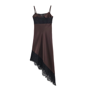 Chic dark brown satin slip dress with black lace trim and asymmetrical hemline