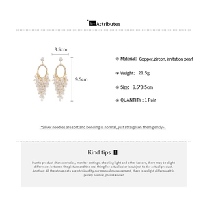Detailed product specs of gold tassel earrings with pearls and zircon on white background