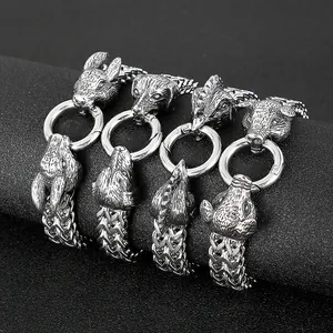 Men's silver stainless steel zodiac bracelets with punk animal charms on dark background