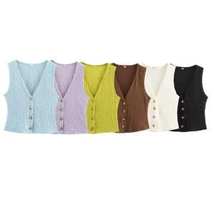 Textured V-neck buttoned vests in multiple colors featuring unique bubble cotton fabric