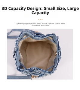 Top view of denim bucket bag with frayed edges showing large capacity for essentials