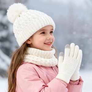 Winter kids knit set with pompom hat, thick scarf and touch-screen gloves in white