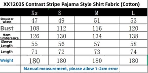 Tableau des tailles détaillé pour l'ensemble chemise et pantalon à rayures femme