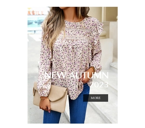 Detail of floral long sleeve blouse with lace trim accents for casual autumn style