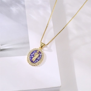Detailed view of Virgin Mary pendant with purple enamel and zircon stones on a gold chain