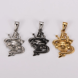 Three-color skull snake dagger pendants in silver, gunmetal, and gold stainless steel finish
