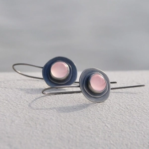Pink moonstone earrings with geometric silver layers and elegant long hooks for women