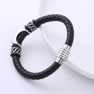 Bracciale da uomo retrò in pelle intrecciata nera con chiusura in acciaio inox argento