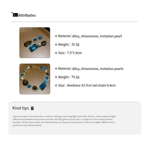Detailed size and material specification chart for geometric pearl tassel jewelry set